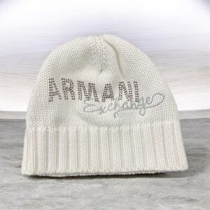 Armani Exchange baby Ivory Knit Beanie with Logo Rhinestones